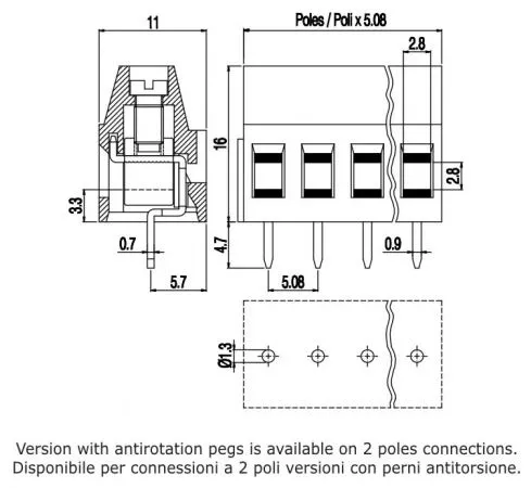 MV254-5.08-V Κάθετη κλέμα πλακέτας 4 πόλων ύψους 16 mm -235