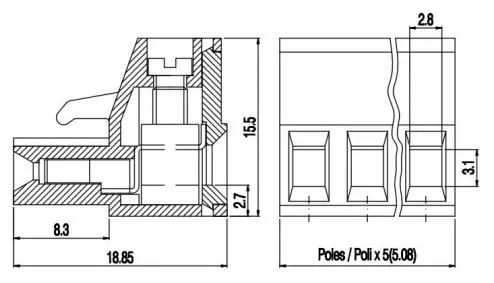 SH03-5,08 Οριζόντια κλέμα καλωδίου 3 πόλων ύψους 15,50mm-269