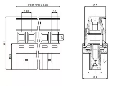 SV02-5,08-F Κάθετη κλέμα καλωδίου 2 πόλων ύψους 27,60mm-275