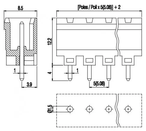 PV09-5.08-V-P Κάθετη κλέμα πλακέτας 9 πόλων ύψους 12,20mm-375